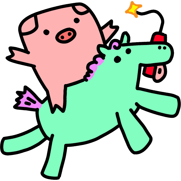 Squig the pig riding a unicorn